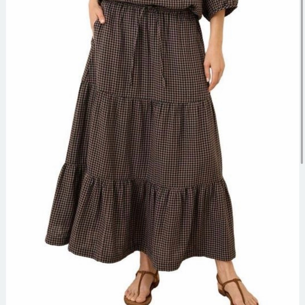 Pact Coastal Double Gauze Tiered Maxi Skirt, size Med, Autumn Gingham